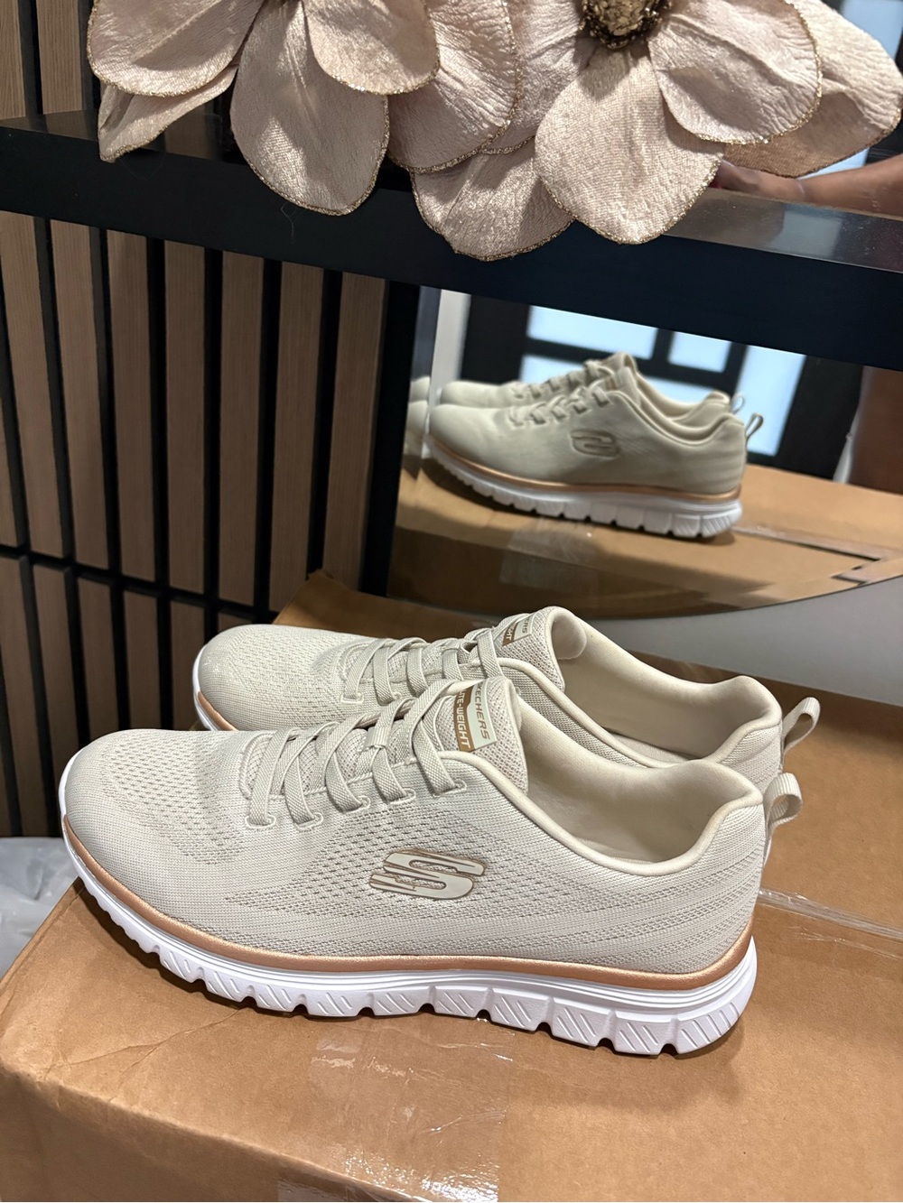 Skechers Women's Beige Knit Lace-Up Sneakers